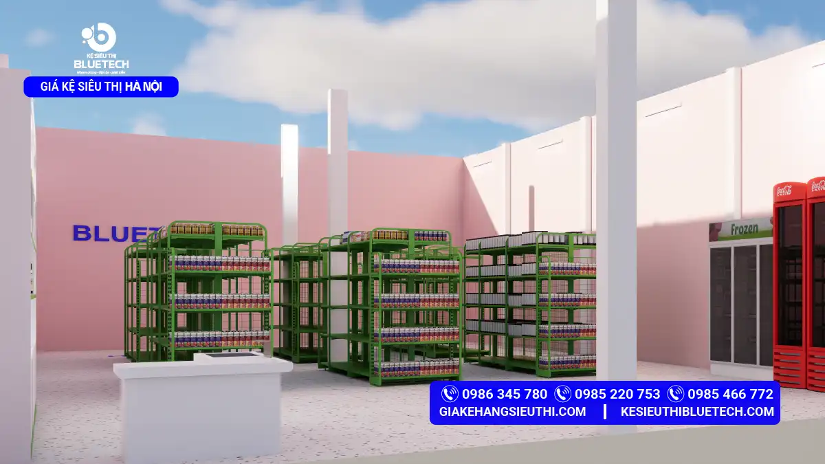 Bản vẽ thiết kế 3D măt tiền siêu thị mini tại Hoàn Kiếm Hà Nội với hệ thống kệ màu xanh lá cây và tủ đông mát Bluetech.