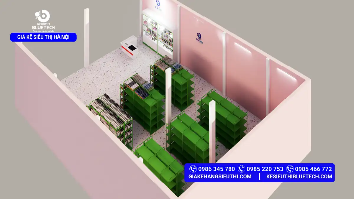 Mẫu thiết kế 3D layout siêu thị mini tại Hoàn Kiếm, Hà Nội với hệ thống kệ màu xanh lá cây và quầy thu ngân Bluetech