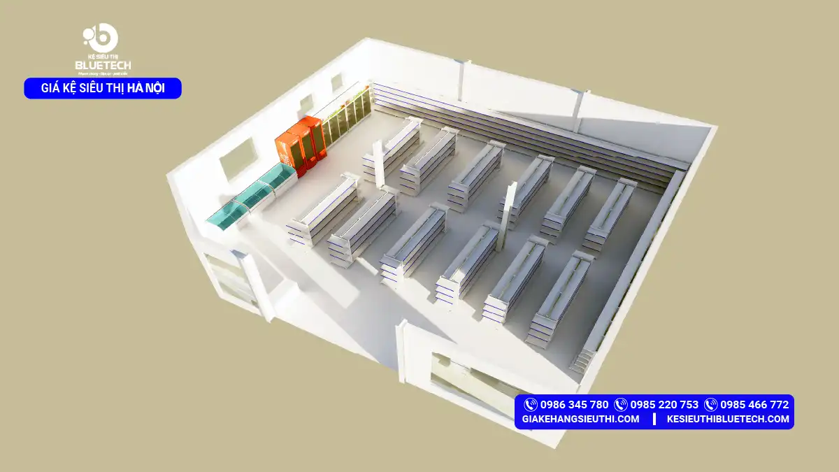Mẫu thiết kế 3D layout siêu thị mini tại phường Ba Đình, Hà Nội với hệ thống kệ màu xanh lá cây và quầy thu ngân Bluetech