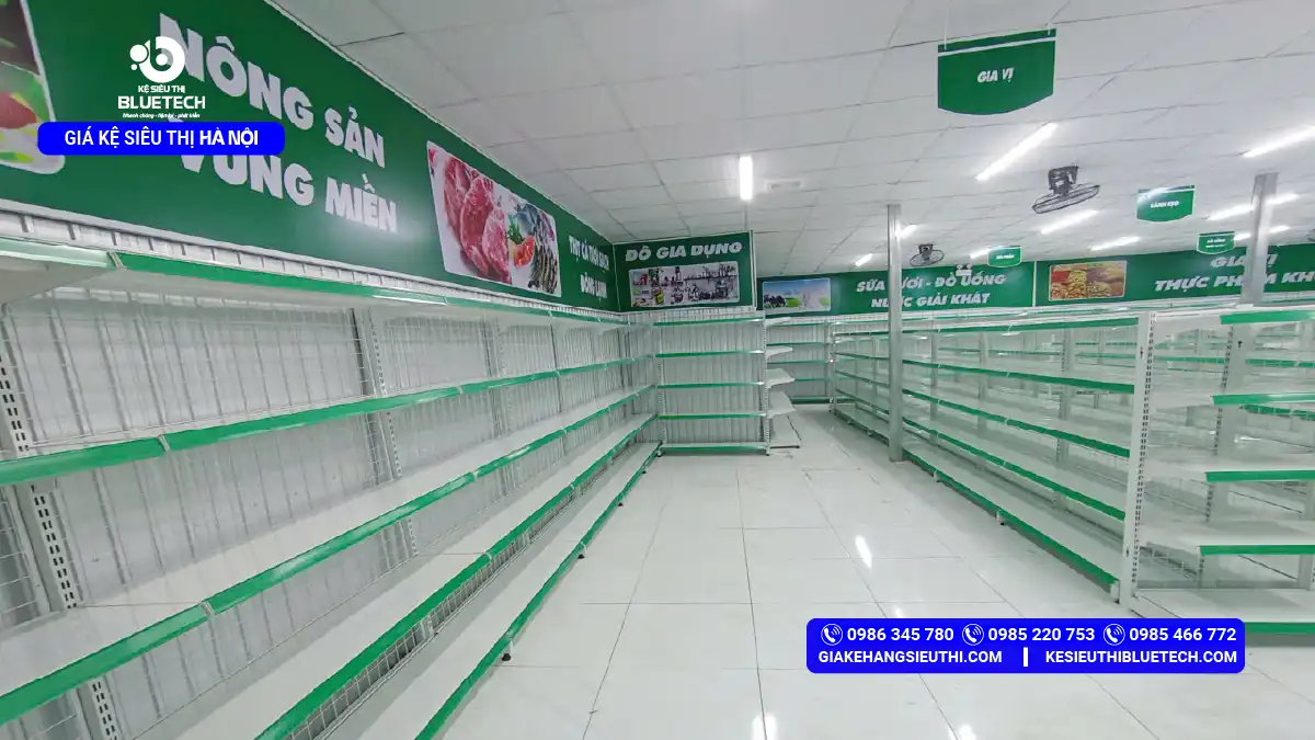 Dự án thực tế thi công lắp đặt hệ thống kệ đơn lưng lưới áp tường siêu thị nông sản vùng miền viền xanh lá tại Bạch Đằng quận Hai Bà Trưng Hà Nội bởi Bluetech