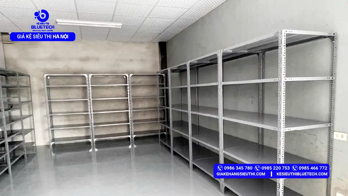 Dự án thực tế thi công lắp đặt hệ thống kệ sắt V lỗ đa năng 5 tầng màu ghi xám lưu trữ kho hàng tại quận Đống Đa Hà Nội bởi Bluetech