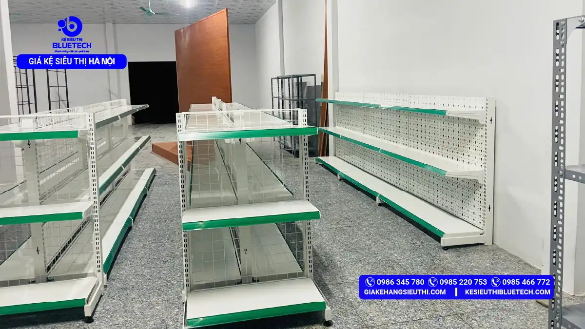 Dự án thực tế thi công lắp đặt hệ thống kệ siêu thị đôi lưng lưới và kệ tôn đục lỗ tại Lê Đại Hành quận Hai Bà Trưng Hà Nội bởi Bluetech.